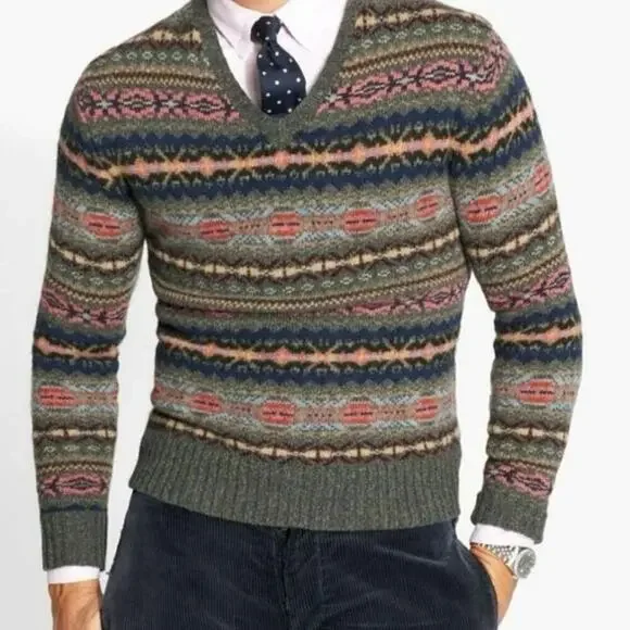 Polo Ralph Lauren Lambswool Alpaca Jacquard Fair Isle V Neck Sweater Green VTG L - Picture 1 of 9